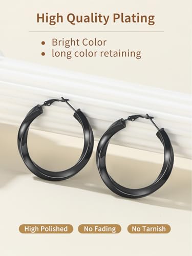 Classic Black/18K Gold Plated/Stainless Steel Hoop Earrings for Women 20mm/30mm/40mm/60mm/80mm Oversized Hypoallergenic Chunky Tube Hoops Rounded Loop Earrings Come with Box3