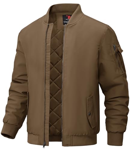 BGOWATU Men's Jacket Windproof Quilted Bomber Jackets Casual Fall Winter Warm Padded Coats Outwear Coffee 2X
