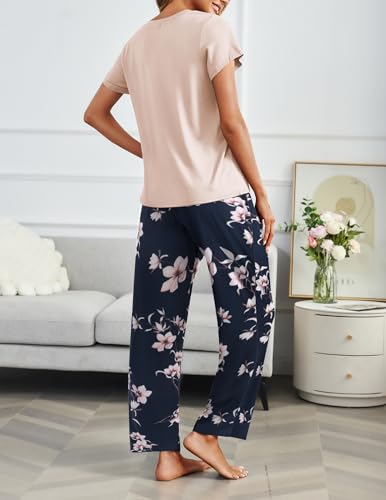 Image of Ekouaer 2 Pack Pajamas for Women Set Short Sleeve Sleepwear Top and Pants Pjs Soft Printed Lounge Sets with Pockets