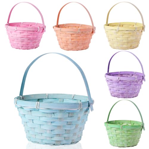 Barydat 6 Pieces Easter Woven Bamboo Basket Round Small Woven Basket with Handle Buckets for Easter Egg Hunt Picnic Party Supplies Birthday Decoration(Lovely)