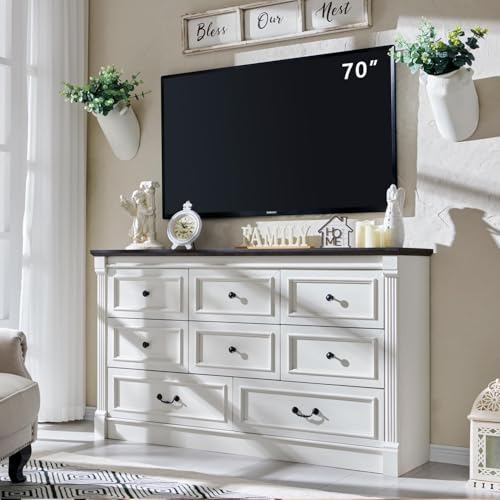 Farmhouse 8 Drawers Dresser for Bedroom 61 Wide Large Dressers Chests of Drawers wRoman Column Storage Dressers Organizer for Bedroom Hallway Living Room White