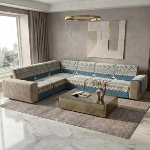 Image of L Shape Sofa Cover 3+2 Seater Pack of 14 (Blue Aura)