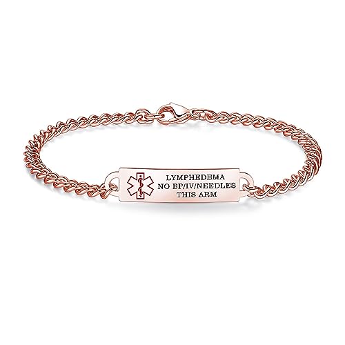AOAMID 6.5"-8.5" Medical alert id bracelets for Women Stainless steel Medical Emergency Bracelets Free engraving lymphedema alert(Rose gold-7.5")