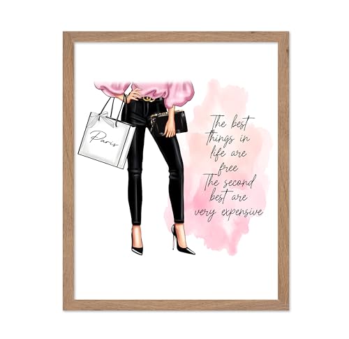 Image of Poster Master The Best Thing In Life Are Free Poster - Fashion Print - Trendy Art - Modern Art - Gift for Women & Fashionista - Funny Glamour Decor for Bedroom or Girl's Room, 8x10 Beige Framed
