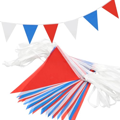 QRTDXP 40m 80pcs Red Blue White Bunting 16 * 21cm Triangle Flag Garland for National Day Birthday Party VE DAY 80th Anniversary Outdoor Indoor Decoration