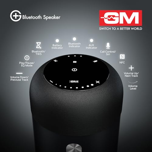 Image of GM G+ Bluetooth Speaker with Powerful 60W Output Smart Touch Panel, 20H Playtime, TWS Tandem, 3 EQ and 8 Radiators for Supreme Sound with 360 Degree coverage, Smart Portable Wireless Bluetooth Speaker