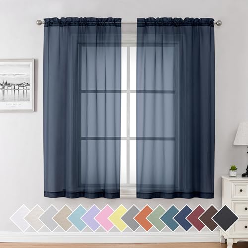 Aiyufeng Navy Blue Sheer Curtains 63 inch Length 2 Panels Set Sheer Blue Curtains for Bedroom and Living Room Light Filtering Dual Rod Pocket Voile Each 40 Width By 63 Length
