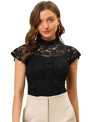 Allegra K Women's Elegant Floral Lace Blouse Short Sleeve Keyhole