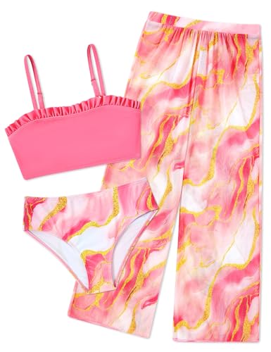 Image of Vogseek 6-16T Girls 3 Pieces Bikini Bathing Suit with Rash Guard Pants Quick Dry Swimwear Cover-Up Sets