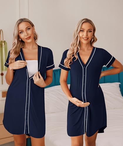 Image of Ekouaer Womens Nightgown Button Down Sleep Shirts Short Sleeve Nightshirt V-Neck Sleepdress Soft Sleepwer