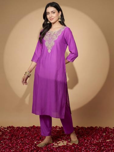 Image of INDO ERA Women's Silk Blend Embroidered Zari Work Straight Kurta & Pant Set | Cord Set For Women