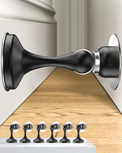 Image of Crosize Magnetic Door Stoppers 6 Pack, Stainless Steel Door Stops for Wall and Floor Mounting, Door Holder Keep Door Open, No Drilling Door Stop with 3D Adhesive Tapes, Black