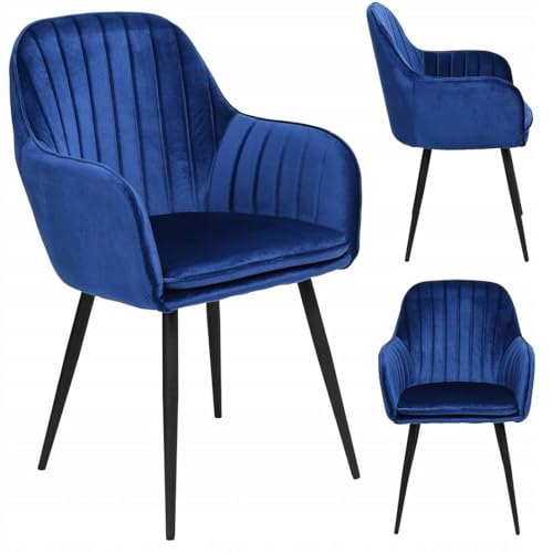 Image of Pair of 2 Stylish, Modern, Elegant & Comfortable Velvet Arms Chairs for Dinning Living Hotel Cafe (2 Chairs) (Blue Black Legs)