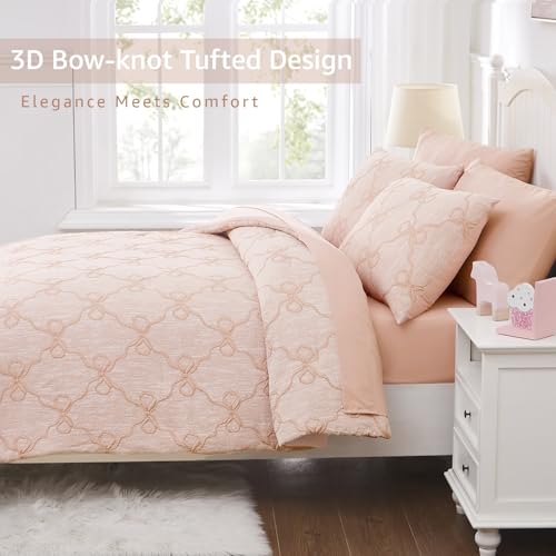 Image of Queen Comforter Set with Sheets for Girls-7 Pieces Bow Bed in A Bag | Soft Jacquard Queen Size Bedding Sets with Blush Comforter, Pillowcases & Shams, 90 inch X 90 inch