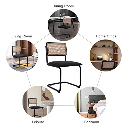 ONEVOG Boucle Dining Chair Set of 2, Modern Upholstered Cane Chairs with Natural Rattan Back & Tubular Metal Frame, Comfortable Accent Chairs for Dining Room/Kitchen/Living Room, Black - Image 6