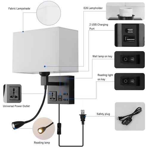 Image of Plug in Wall Sconce, Bedside Wall Lamp for Bedroom with AC Outlet & USBA+C Charging Port, Wall Mounted Reading Light with 360Adjustable, Black Headboard Lamps with 3 Color Temperature