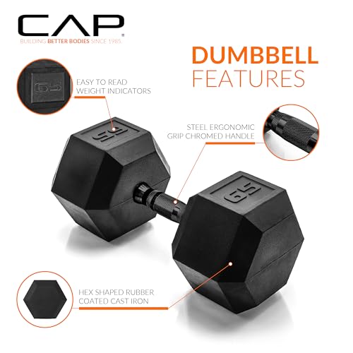 Image of CAP Rubber Coated Dumbbell Weights, Free Weights for Home Gym Strength Training, Anti-Roll Hex Dumbbells with Black, Chrome & Comfort Grip Handles, Singles