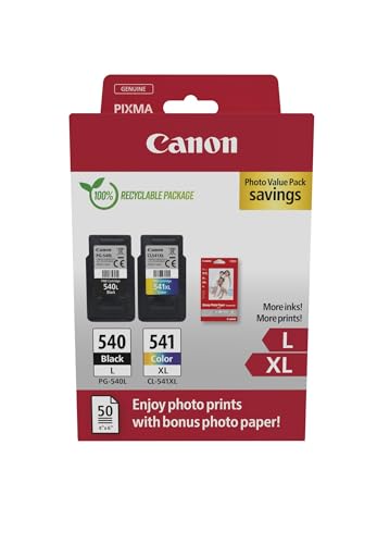 Canon PG-540L + CL-541XL, Cartuchos de Tinta Original, 1 Cartucho de Tinta Independiente en Color Negro y 1 Cartucho Multicolor, Incluye 50 Hojas Papel Fotográfico 4 x 6