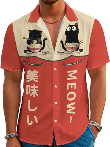 Mens Cat Ramen Western Hawaiian Shirt - Funny Japanese Black Cat Button Down Short Sleeve Anime Food Novelty Shirts