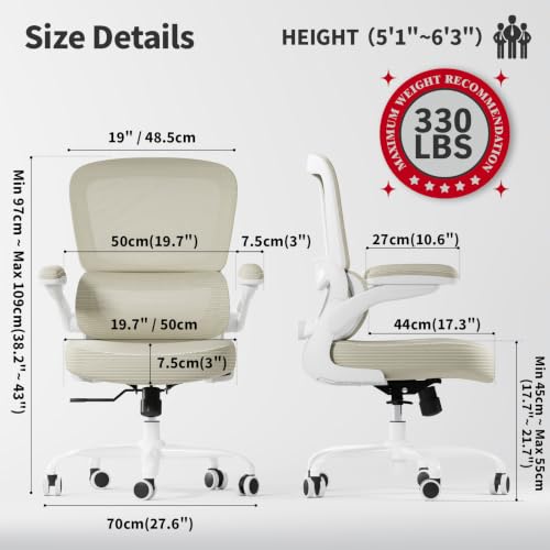 Image of TRALT Ergonomic Office Chair - Desk Chair with Adjustable Lumbar Support Computer Chair - Mesh Comfy Chair with Flip-up Armrests - Gaming Chairs for Adults Home Office (Leather, Beige)