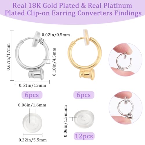Beebeecraft 1 Box 12Pcs Earring Clips 18K Gold & Platinum Plated Silver Clip-on Non-Pierced Earring Converters Findings with 12Pcs Silicone Pads for DIY Jewellery Earring Making - Image 2