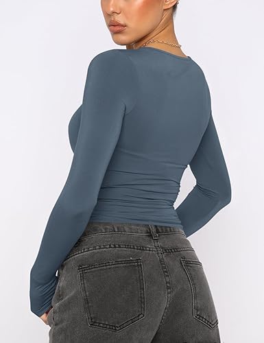 Image of AKEWEI Long Sleeve Crop Tops for Women 2 Pack Fall Going Out Outfits Cute Tight Basic Tees Shirt