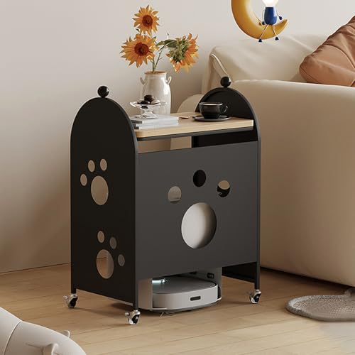 Armoire de Rangement pour Aspirateur Robot, Meuble De Rangement Caché,Table d'Appoint en Bois, Table d'appoint à roulettes avec porte-revues, pour Salon, Chambre, Cuisine Black 58.8x36.5x81.5cm