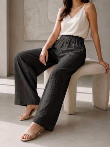 Image of Women's High Waist Wide Leg Trousers | Textured Crinkle Palazzo Pants | Elastic Waist Casual Formal Office Wear Trousers | Comfortable Lightweight Bottom Wear for Women