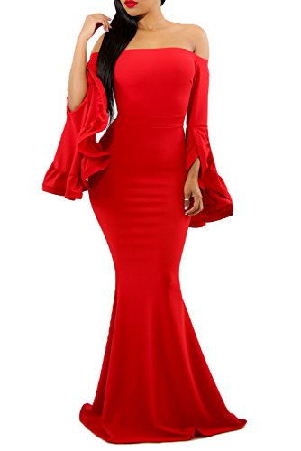 GOSOPIN Women Evening Long Party Dress Off Shoulder Fishtail Large Red