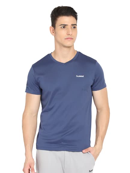 Image of hummel Amero V Neck Half Sleeve Solid Regular fit Polyester T-Shirt for Men Comfortable Breathable Fabric Stretchable for Everyday Use Ideal for Yoga Training Gym Running or Performance