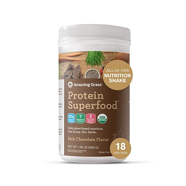 Amazing-Grass-Protein-Superfood-Vegan-Protein-Powder-All-in-One-Nutrition-Shake-Rich-Chocolate-18-Servings Amazing Grass Vegan Protein Superfood, All in One Nutrition Shake with Beet Root Powder, Rich Chocolate, 22.9 Oz