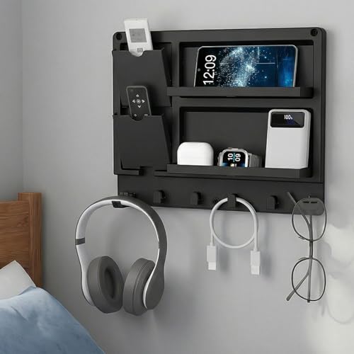 Lifewit Plastic Adhesive Bedside Shelf Floating Pegboard Shelves Key Remote Control Holder Wall Organizer for Glasses Phone Earbuds Bedroom Decor Dorm Room Essentials Black