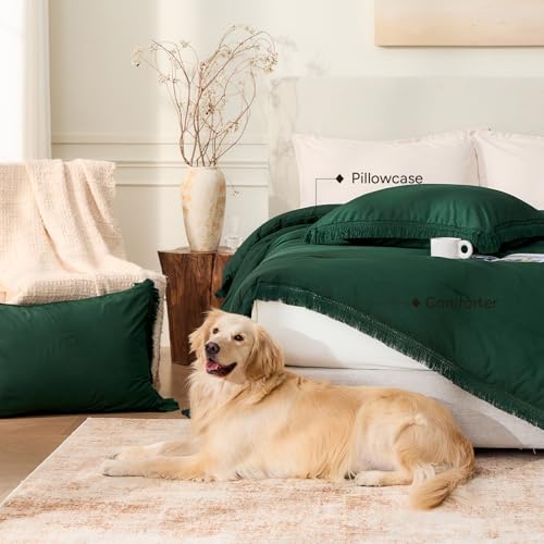 Image of Andency Comforter Set Oversized King Dark Green 120x120, 3 Pieces Boho Fall Tassel Lightweight Bedding Comforter Sets, All Season Soft Bed Set (1 Comforter & 2 Pillowcases)