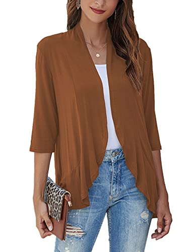 Image of Bluetime Women Casual Lightweight Open Front Cardigans Soft Draped Ruffles 3 /4 Sleeve Cardigan (S-3XL)
