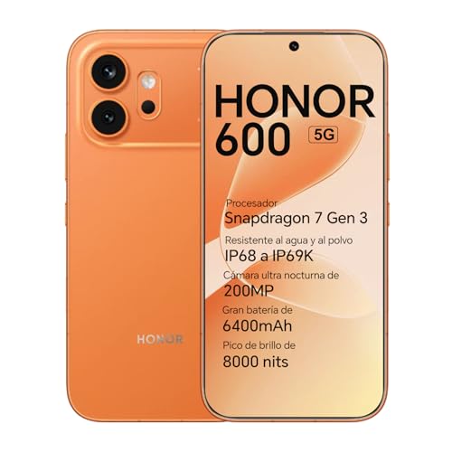 HONOR 600 5G Smartphone, Pantalla AMOLED 6,57' 120Hz, 8+512GB,Cámara 200MP, Grande Batería 6400mAh, Carga 80W, IP68/IP69K (Orange, 512,GB, 8GB)