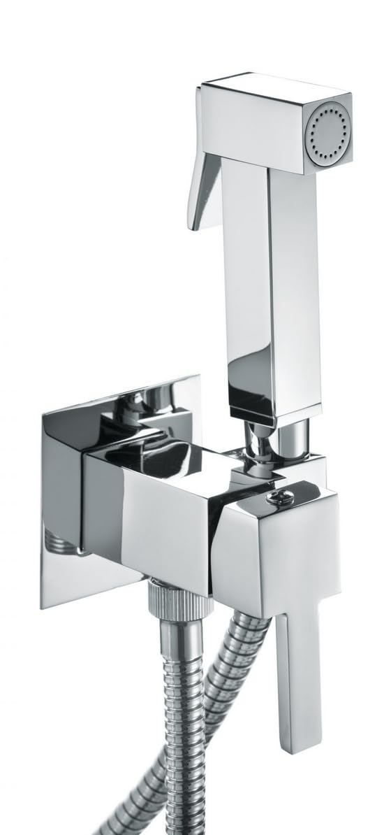 Kit de ducha con hidroescobilla para inodoro y bidé, con mezclador soporte y flexible, agua fría y caliente, cromado, diseño cuadrado moderno