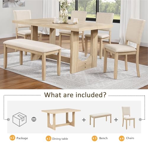 Image of KEIKI 6-Piece Standard Height Dining Table Set with Rectangular Table, 4 Upholstered Curved Backrset Chair, Bench, for 6 Person, Modern Table Set, Easy Assembly, for Kitchen, Dining Room, Beige