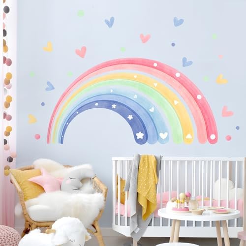 peel and stick rainbow hearts wall decals in playroom