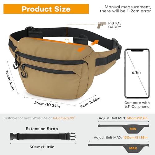 HUNTVP Tactical Fanny Pack, Concealed Carry Waist Bag for Men and Women, CCW Military Crossbody Hip Belt Bag, WR Nylon Bumbag with Pistol Holster & Adjustable Belt for EDC, Hiking, Travel, Brown by HUNTVP - Image 4