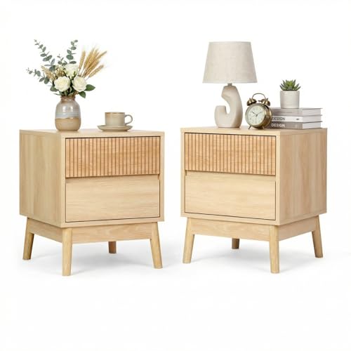 VOWNER Nachttisch 2er Set Holz mit 2 Schubladen Moderner Boho Nachtschrank Beistelltisch Couch mit Lagerung für Schlafzimmer Wohnzimmer 50 x 40 x 40 cm
