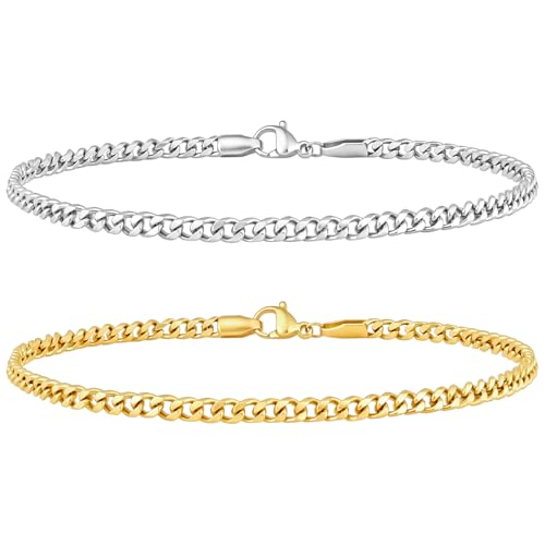 Image of Fiusem Silver Tone / 18k Gold Plated Anklet for Women, 3.5mm Stainless Steel Cuban link Chain Anklets for Women, Women's Anklets 9 inch /10 inch /11 inch