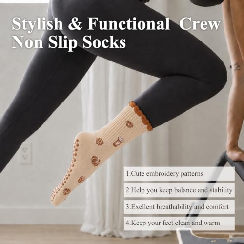 Image of Toes Home Pilates Socks for Women with Non Slip Grippers, Yoga Crew Socks for Barre Hospital Sticky Slipper Socks 4 Pairs