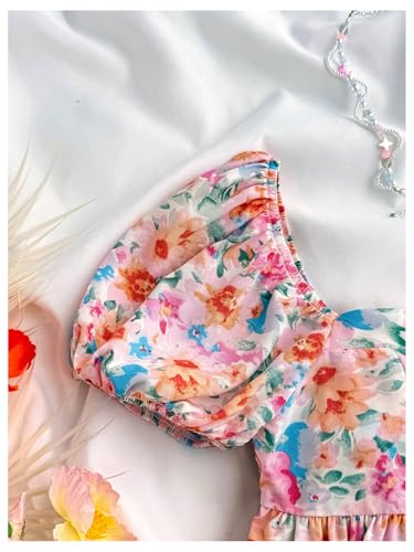 SweatyRocks Girl's Cute Floral Print Short Puff Sleeve Ruffled Blouse Square Neck Ruffle Peplum Tops4