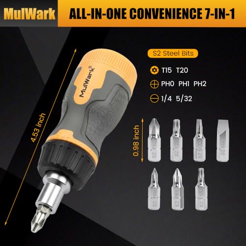 Image of MulWark 7-in-1 Stubby Ratcheting Screwdriver, Small Screwdriver with Magnetic, Multi-bit Stubby Screw driver with S2 Steel Phillips Slotted Torx Bits in Handle, Compact Tool for Tight Spaces