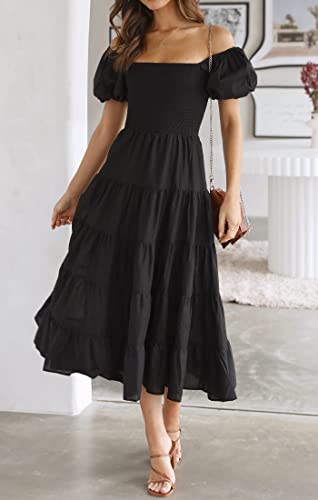 Zesica Women'S 2024 Summer Square Neck Short Puff Sleeve Solid Color High Waist Casual Smocked Flowy A Line Tiered Midi Dress thumb #1