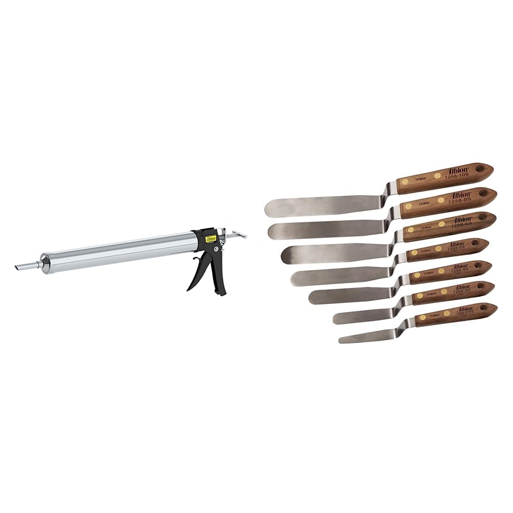 Albion Engineering 30oz Bulk Caulking Gun & 7-Piece Offset Caulk Tooling Spatula Set with Stainless Steel Blades
