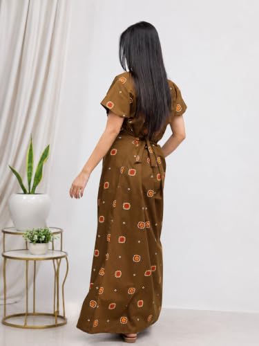 Image of Women's Pure Cotton Maxi Nighty, Jaipuri Embroidery Print, Short Sleeve Night Gown with Pocket