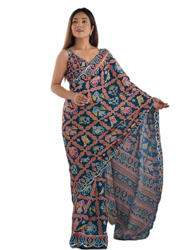 Image of Panzora Women's Chinon Printed Saree With Unstitched Blouse Piece