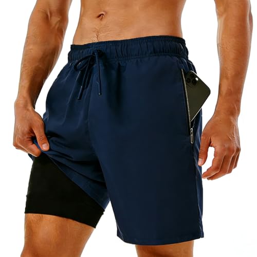 Image of Men's Swim Trunks with Compression Liner, Quick Dry Hawaiian Swimwear Bathing Suit Drawstring Board Shorts