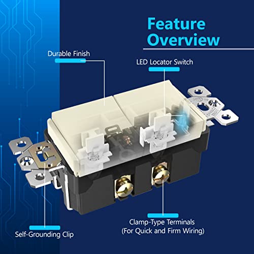 Image of LIDER Minimalist Design Lighted Double Switch, Combination Frameless Decorator Switch with Locator Light, Ground Terminal, Single Pole, 15A 120-277V, UL Listed, Thermoplastic, Matte Light Almond
